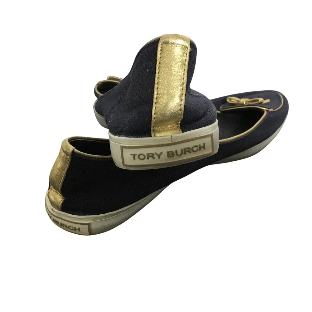 Tory Burch Marni Satin D'Orsay Flats Vintage Slip On‎ Navy Blue With Bow READ